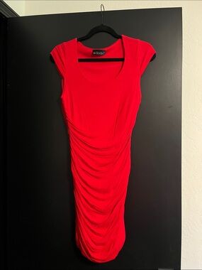on Ruched Red Midi Dress by